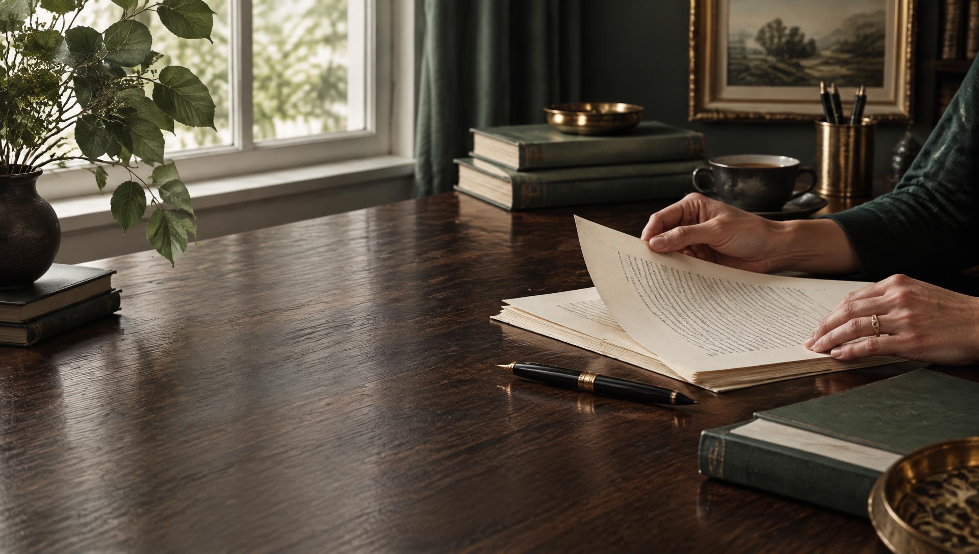 A manuscript being reviewed at an elegant writing desk